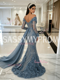 Long Sleeves Beading Sequin Dusty Blue Trumpet Mermaid Prom Dress