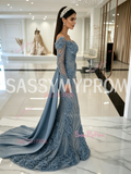 Long Sleeves Beading Sequin Dusty Blue Trumpet Mermaid Prom Dress