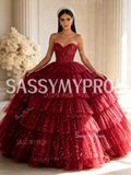 Sparkling Dark Red Strapless  Ruffle Skirt Prom Dress