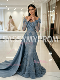 Long Sleeves Beading Sequin Dusty Blue Trumpet Mermaid Prom Dress