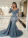 Long Sleeves Beading Sequin Dusty Blue Trumpet Mermaid Prom Dress