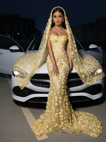 Yellow Strapless Mermaid Gown With Sequin Floral Prom Dress