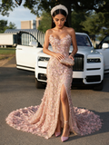Pink Sweetheart Beaded Mermaid Prom Dress With Slit Flowers