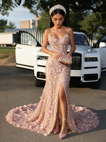 Pink Sweetheart Beaded Mermaid Prom Dress With Slit Flowers