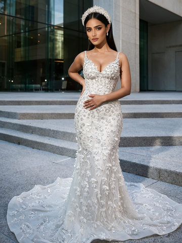 Beading White Sparkle Trumpet Mermaid Spaghetti Straps Prom Dress