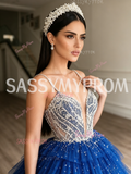 Blue Layered Sequin Beaded Spaghetti Strap Ball Gown Prom Dress
