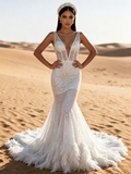 Feather Sequin Trumpet Mermaid V Neck White Prom Dress