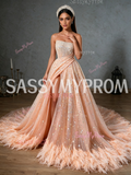 A Line Sequin Pink Sparkle Tulle Strapless Feather Prom Dress With Slit
