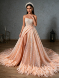A Line Sequin Pink Sparkle Tulle Strapless Feather Prom Dress With Slit