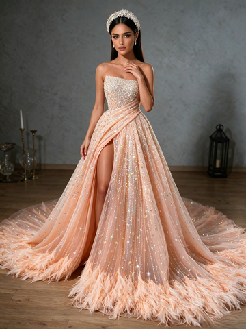 A Line Sequin Pink Sparkle Tulle Strapless Feather Prom Dress With Slit