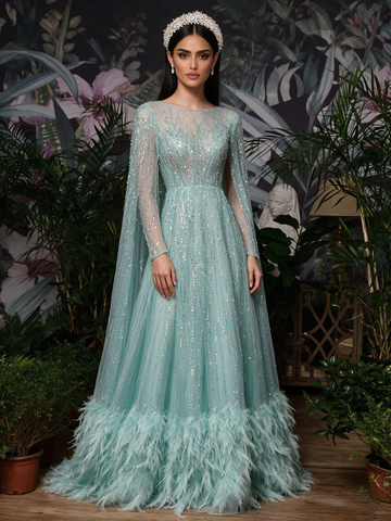Scoop A Line Cape Feather Green Long Sleeves Prom Dress