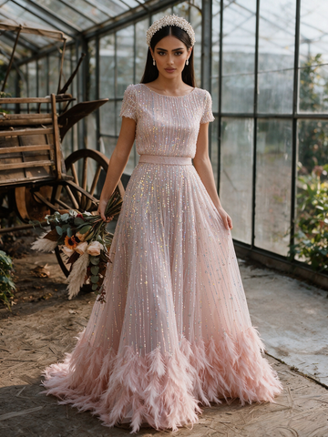 Sequin Short Sleeves Pink Scoop Tulle Feather A Line Prom Dress