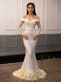Long Sleeve Belt Trumpet Mermaid Off The Shoulder Feather Prom Dress