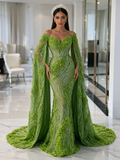 Beading Flower Luxury Trumpet Green Tulle Cape Mermaid Prom Dress
