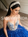 Blue Layered Sequin Beaded Spaghetti Strap Ball Gown Prom Dress