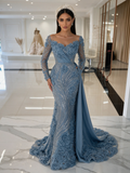Long Sleeves Beading Sequin Dusty Blue Trumpet Mermaid Prom Dress