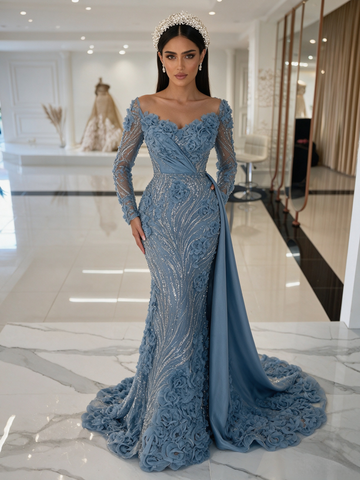 Long Sleeves Beading Sequin Dusty Blue Trumpet Mermaid Prom Dress