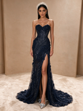 Navy Blue Sweetheart Beaded Flower A Line Slit Prom Dress