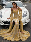 Trumpet Mermaid Gold Cape Long Sleeve Beaded Flower Prom Dress