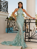 Fitted Halter Neck Green Sequin Beaded Trumpet Mermaid Prom Dress