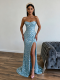 Beading Sequin Sheath Column Blue Sequin Prom Dress With Slit