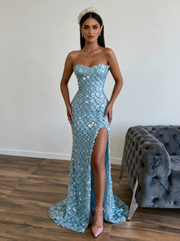 Beading Sequin Sheath Column Blue Sequin Prom Dress With Slit
