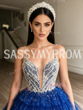 Blue Layered Sequin Beaded Spaghetti Strap Ball Gown Prom Dress