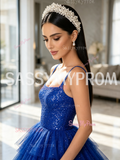 Straps Royal Blue Layered Sequin Tulle Ball Gown Prom Dress