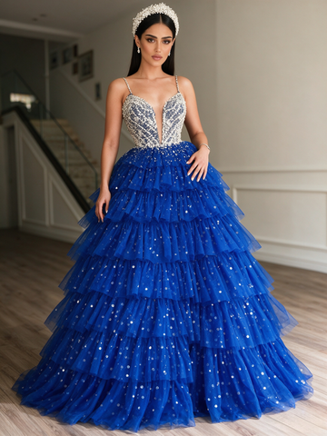 Blue Layered Sequin Beaded Spaghetti Strap Ball Gown Prom Dress