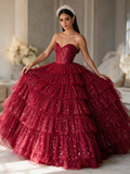 Sparkling Dark Red Strapless  Ruffle Skirt Prom Dress