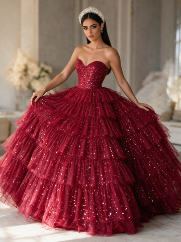 Sparkling Dark Red Strapless  Ruffle Skirt Prom Dress
