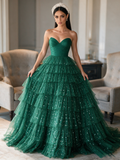 Dark Green Sweetheart Ball Gown Sparkle Tulle Prom Dress