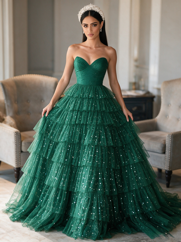 Dark Green Sweetheart Ball Gown Sparkle Tulle Prom Dress
