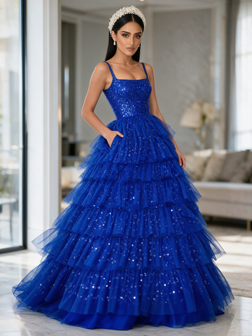 Straps Royal Blue Layered Sequin Tulle Ball Gown Prom Dress