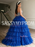 Blue Layered Sequin Beaded Spaghetti Strap Ball Gown Prom Dress