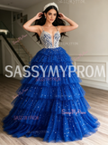 Blue Layered Sequin Beaded Spaghetti Strap Ball Gown Prom Dress