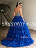 Blue Layered Sequin Beaded Spaghetti Strap Ball Gown Prom Dress