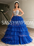 Blue Layered Sequin Beaded Spaghetti Strap Ball Gown Prom Dress