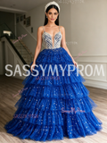 Blue Layered Sequin Beaded Spaghetti Strap Ball Gown Prom Dress
