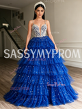 Blue Layered Sequin Beaded Spaghetti Strap Ball Gown Prom Dress