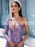 Lavender Long Sleeve Sequin Beaded Trumpet Mermaid Prom Dress Slit