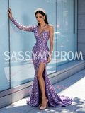 Lavender Long Sleeve Sequin Beaded Trumpet Mermaid Prom Dress Slit