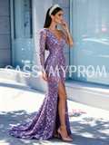 Lavender Long Sleeve Sequin Beaded Trumpet Mermaid Prom Dress Slit