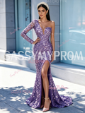 Lavender Long Sleeve Sequin Beaded Trumpet Mermaid Prom Dress Slit
