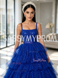 Straps Royal Blue Layered Sequin Tulle Ball Gown Prom Dress