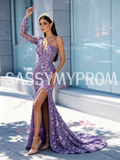Lavender Long Sleeve Sequin Beaded Trumpet Mermaid Prom Dress Slit
