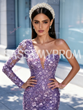 Lavender Long Sleeve Sequin Beaded Trumpet Mermaid Prom Dress Slit