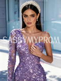 Lavender Long Sleeve Sequin Beaded Trumpet Mermaid Prom Dress Slit