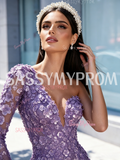 Lavender Long Sleeve Sequin Beaded Trumpet Mermaid Prom Dress Slit