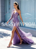 Lavender Long Sleeve Sequin Beaded Trumpet Mermaid Prom Dress Slit